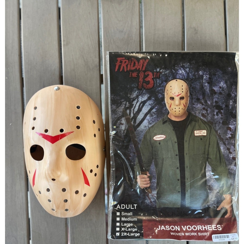 Friday the 13th Jason Voorhees Costume Woven Work Shirt and Mask Set Adult XXL
